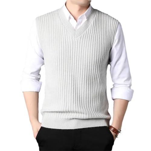 Men Spring Solid Color V Neck Vertical Stripes Sleeveless Knit Pullover Loose Sweater Vest