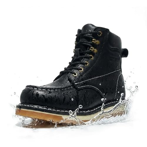 Image of Moc Toe Work Boots for Men Waterproof Soft /Steel Toe Comfortable Full Grain Leather Non Slip Wedge Outsole Construction 6 inch Workboots