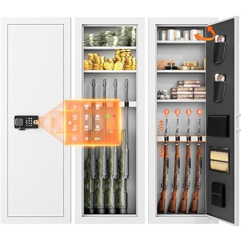 Bonusall in Wall Gun Safe with Fingerprint, Assembled 4 Rifle Safe with 4 Removable Shelf, in Wall Gun Safe Between Stud, Gun Safes for Rifles and Pistols with Adjustable Rack (White) Cover