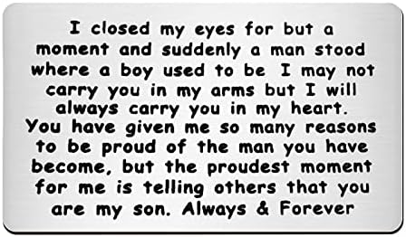FRIUSATE Son Gift from Mum Dad Engraved Wallet Card with Love Note Stainless Steel Card Metal Lettering Card, Boy Birthday Gifts Graduation Gifts for Son Proud of Son Gifts