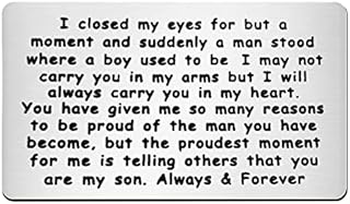 FRIUSATE Son Gift from Mum Dad Engraved Wallet Card with Love Note Stainless Steel Card Metal Lettering Card, Boy Birthday Gifts Graduation Gifts for Son Proud of Son Gifts