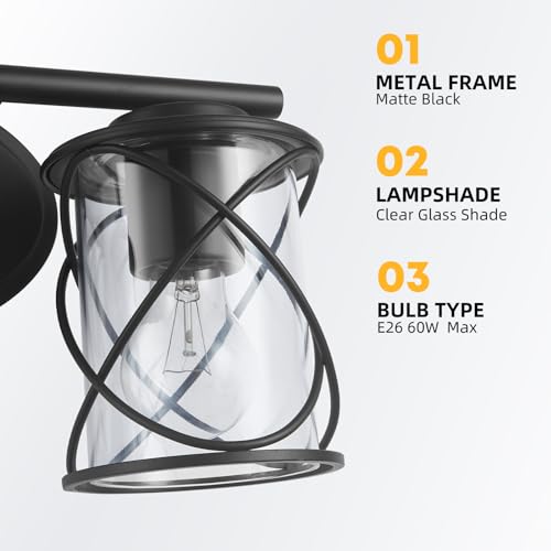 Image of MavCadonF 2-Lights Vanity Lights, Matte Black Farmhouse Wall Lights with Clear Glass Shade, Over Mirror Vanity Light, Kitchen Bedroom Bathroom Wall Lamp