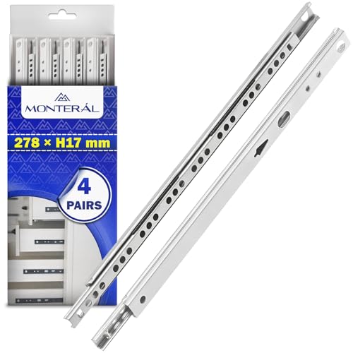 4 Pares Guias Correderas para Cajones con Rodamiento de Bolas 278 mm x H 17 mm   Rieles para Cajones Telescópicas Tienen una Extensión Parcial de 201 mm   Garantía de 10 Años   MONTERAL