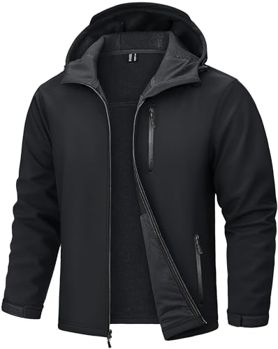 TACVASEN Men's Hooded Softshell Jacket Lightweight Waterproof Fleece Lined Windbreaker Rain Jacket Winter Outdoor Hiking Black, L