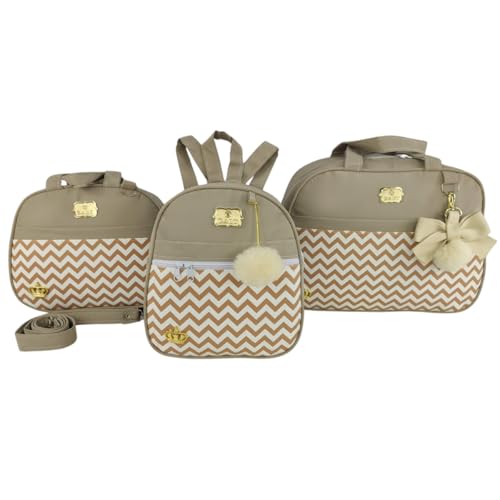 BOLSA MATERNIDADE 3 PEÇAS CHEVRON MENINA (Bege)