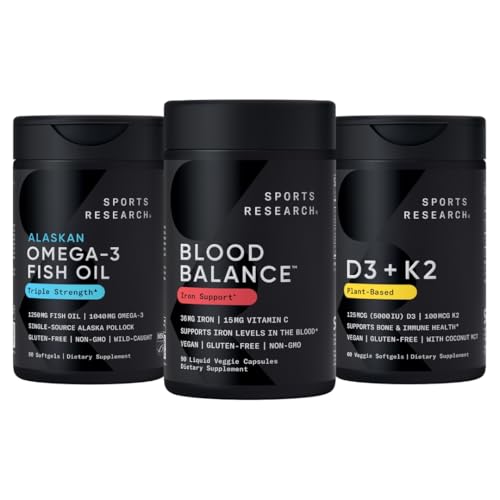 Sports Research - Blood Balance Iron Supplement - 36 MG Iron + Folate & Vitamin C for Absorption + Omega-3 Fish Oil 1250 + Vitamin D3 + K2 5000 IU