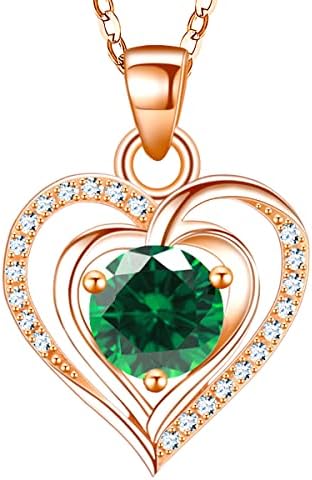 RIVIKO Heart Birthstone Pendant Necklace for Women 925 Sterling Silver Zirconia Rose Gold Plated May Necklaces Christmas Valentine's Day Mothers Day Jewelry Gifts For Girls Mother Wife