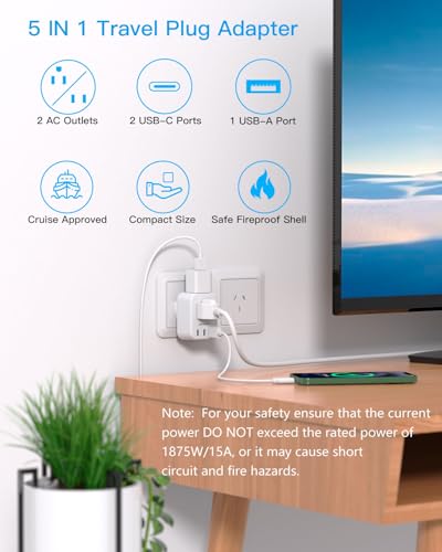 Image of HANYCONY US to Australia New Zealand Power Plug Adapter, Type I Adapter Plug 2 Outlets 3 USB Ports(2 USB C), Australia Travel Plug Adapter for USA to Australian AU China Argentina Fiji Essentials