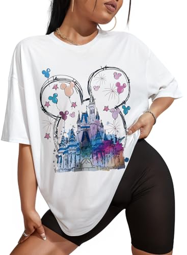 Flafens Oversized Tshirts for Women - T Shirt Graphic Tees Loose Crewneck Pattern Sleeve Cute Print Fashion Summer Tops