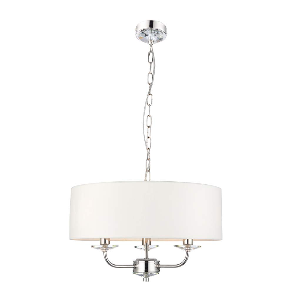 National Lighting Kennedy Modern Bright Nickel Multi Arm 3 Way Pendant Ceiling Light with Crystal Detail and White Fabric Shade