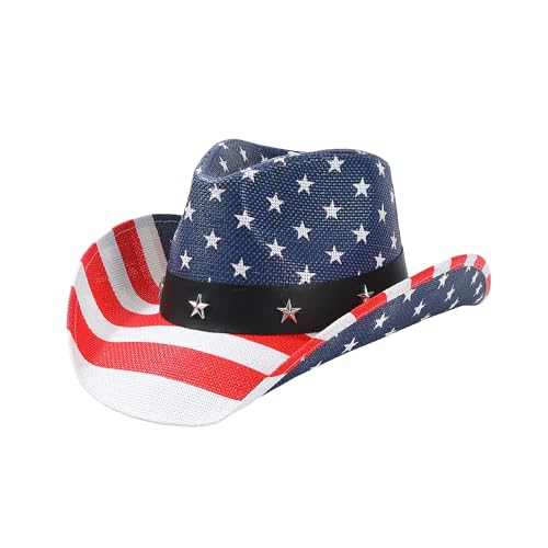 WOOH USA American Flag Cowboy Hat for Women and Men 4th of July Cowboy Hat for Men Straw Cowgirl Hats Women