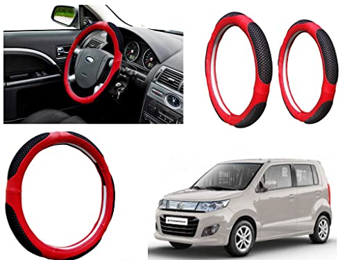 Image of Microfiber Car Steering Wheel Cover, Soft Padding Great Hand Feel, Anti-Slip, Faux Leather Steering Cover for Maruti Suzuki Wagon R Stingray | Black Red Jali - Pack of 1