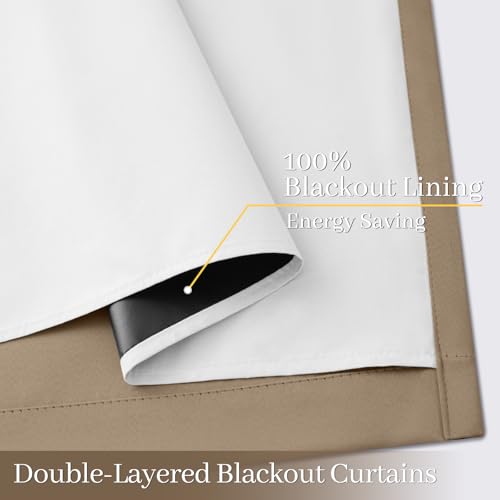 Image of Yakamok Khaki Blackout Curtains 63 Inches Long for Bedroom 50 inch Wide 2 Panel | Blackout Curtain Panels for Bedroom, 2 Thick Layers Grommet Top Thermal Insulated Drapes with White Back for Living Room