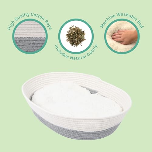 Kitty City Woven Cat Bed with Removable Washable Cushion, Cozy Braided Rope Indoor Cat Bed with Natural Catnip, Warm Round Cat Bed for Small to Medium Cats, 14” x 19" - White/Grey - Image 6