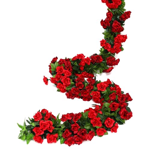 JUSTOYOU Lot de 2 guirlandes de roses artificielles bicolore - pour extérieur, intérieur, mariage, décoration murale, chambre à coucher (rouge, 13 têtes - 2,4 m)