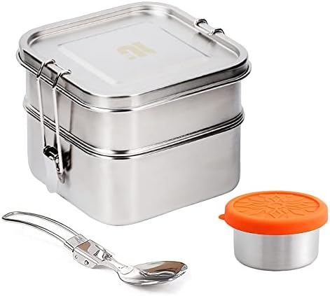 nicelock 2 Tier Stainless Steel Lunch Box, Metal Bento Lunch Box Food Container with Folding Spork, 100ml Sauce Pot Set for Kids Adults Work School Picnic Leak-Proof Reusable (740ml+740ml)