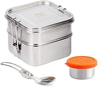 nicelock 2 Tier Stainless Steel Lunch Box, Metal Bento Lunch Box Food Container with Folding Spork, 100ml Sauce Pot Set for Kids Adults Work School Picnic Leak-Proof Reusable (740ml+740ml)