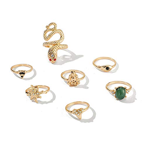 WLLAY 7-14 Pieces Gold Snake Knuckle Ring Set. Boho Rhinestone Stackable Rings Sets Jewelry,Vintage Stacking Finger Ring for Women Girls,5 Styles (C:7 PCS)