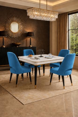 Image of WOODEN SPACE 4 Seater Wooden Dining Table Set | Urban Marble Top Dining Table with Chairs for Dining Room & Kitchen (Modern Vintage Blue) (42 x 42 x 30 inch)
