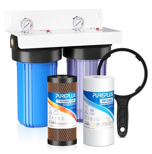 PUREPLUS 2-Stage Whole House Water Filtration System, Reduces Chlorine, Odor, Heavy Metals & Rust, with Pressure Gauges, 10' x 4.5' Clear Housing, 1' Inlet/Outlet, PP Sediment & KDF Carbon Filters