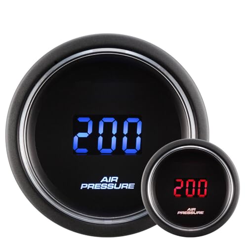 Image of MOTOR METER RACING 52mm 2-1 /16 inch Digital Air Ride Air Pressure Gauge 200 PSI | Air Bag Suspension Pressure Gauge, Blue LED Display, Red LED Display, Electrical Air Pressure Sensor, 0-200 PSI