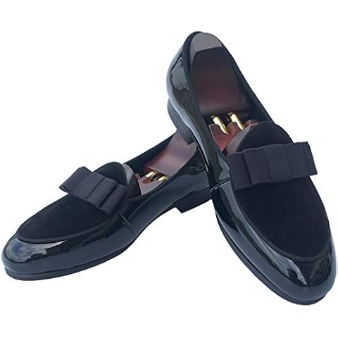 Justar Men's Leather Loafers Formal Dress Shoes Banquet with Bowtie Flats Slip-On Smoking Slippers Black Brown (9 M US, Black) Cover