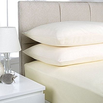 EGYPTO Non-Iron Percale Polycotton Fitted Sheet 16” Extra Deep with FREE Pillowcases (Double Fitted Sheet & Pillowcase Pair, Cream) — image 1
