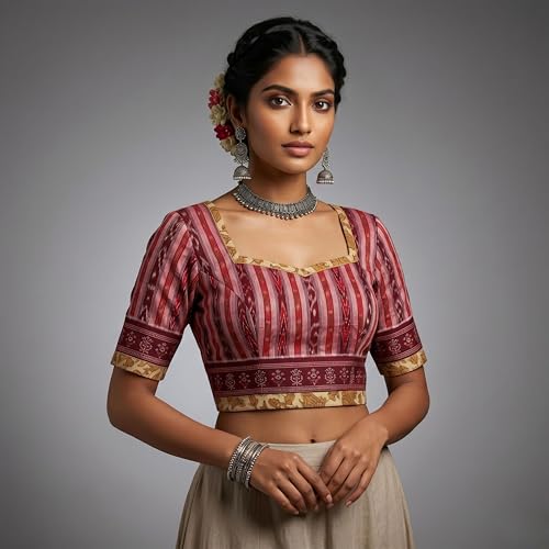 Image of Premium Sambalpuri Ikat Unstitched Cotton Blouse Piece Red