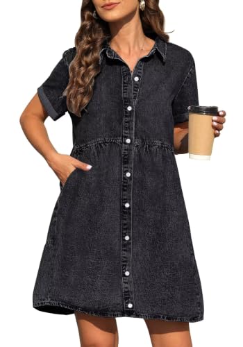 Image of Denim Dress for Women 2026 with Pockets Short Sleeve Jean Dresses for Women