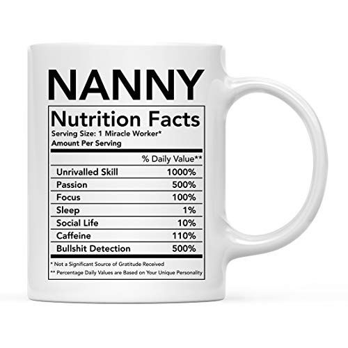 Andaz Press Funny 11oz. Ceramic Coffee Tea Mug Thank You Gift, Nanny Nutritional Facts, 1-Pack, Novelty Gag Birthday Christmas Gift Ideas Coworker