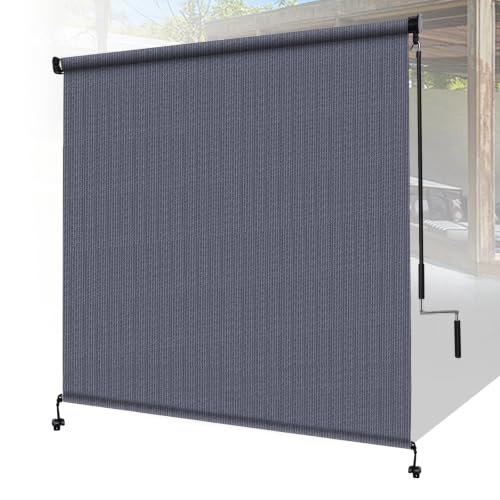 Shade&Beyond Outdoor Roller Shades with Splicing Design, 8' W x 8' H Cordless Patio Roll Up Blinds, Exterior Shade Cloth Roll for Porch, Gazebo, Pergola, Balcony, Blue Gray