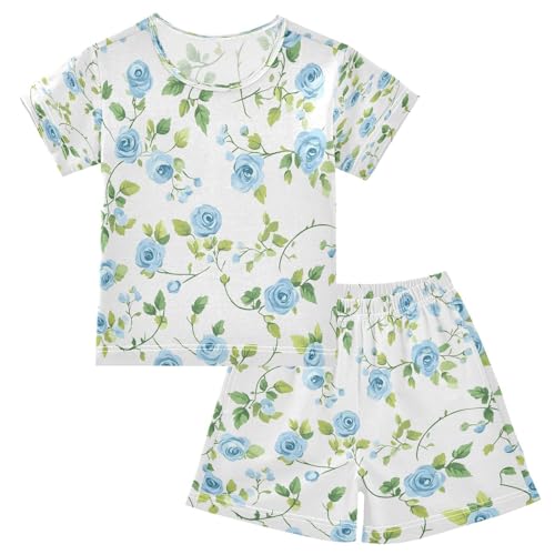 senya Short Sleeve Pajamas Sets Summer Cotton Sleepwear Blue Rose Green Leaves