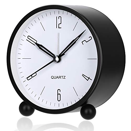 Image of Alarm Clock Bedside Non Ticking Analog Table Clocks 4 Inch Round Battery Operated, Easy Set and Night Light Function, Simple Stylish Design for Desk /Bedroom Gift Clock, Plastic, Black