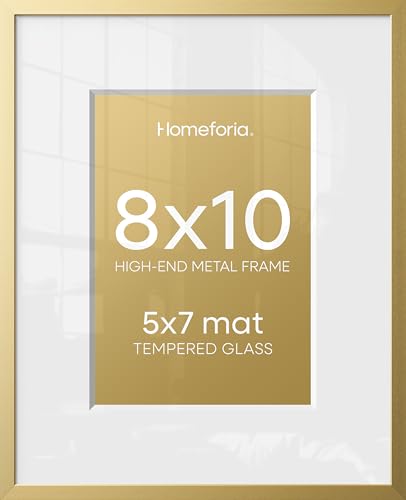 Image of Homeforia 8x10 Gold Picture Frame, High-End Metal, 5x7 Mat, Glass | High End Aluminum, Tempered Glass, Acid-Free 5x7 Removable Mat, 8x10 in Edge-to-Edge Display 10x8, Wall Kit, Set Of 3