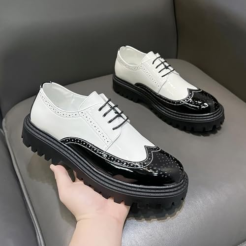 Men's Leather Platform Wingtip Oxfords Round Toe Lace up Chunky Heel Brogue Dress Shoes Comfort Height Increasing Party Formal Shoes3