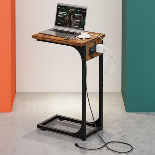 Image of C-Shaped Side Table for Couch - Small Coffee Stand Sofa Tray Desk with Metal Frame Waterproof Scratch Resistant Wood Top and Built-in Charging Station, Rustic Brown