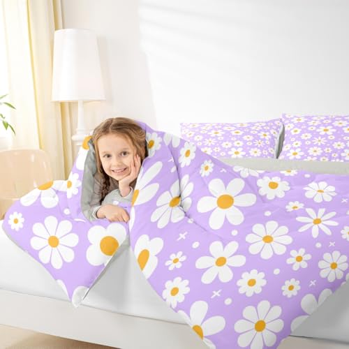 Image of Daisy Flower Groovy Comforter Set Queen Size Kids Boys Girls Bedding | Retro Boho Breathable Soft Lightweight Duvet Set Quilt Set Bedroom Decor Microfiber 3Pcs Light Purple Warm Cozy All Season