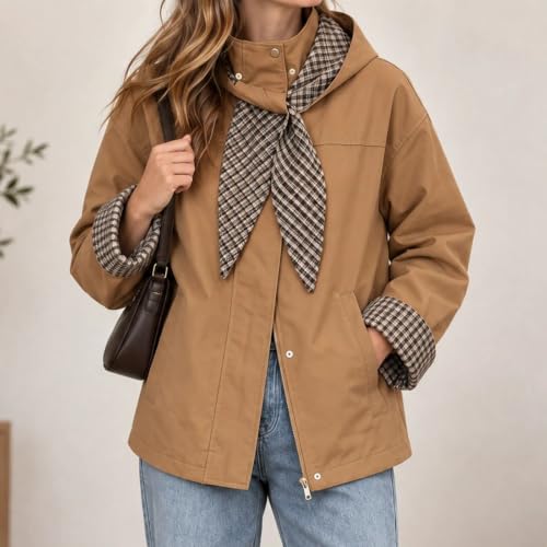 Cropped Trench Coat for Women Fall Winter Jacket with Plaid Hood - image 2