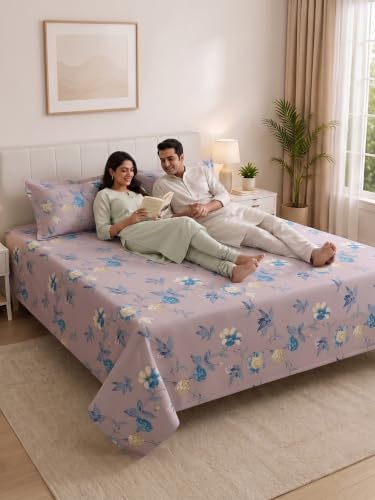 Image of Mafatlal 130 GSM Pearl Double Size Bedsheet with 2 Pillow Covers | 90 x 100 Inches | Soft Microfiber Fabric | Lightweight, Quick Dry, Color Lock, Smooth Finish for Everyday Comfort | Lavender Floral