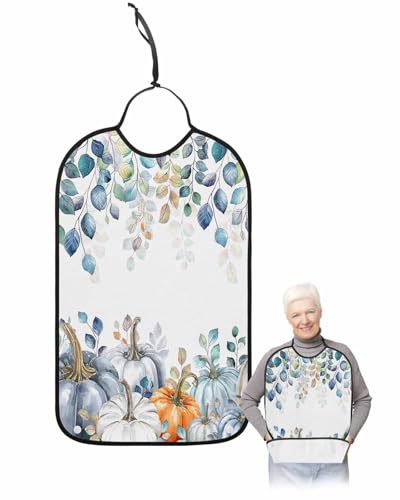 LEOKOTI Blue Fall Adult Bibs for Eating, Waterproof Bibs with Food Catcher & Adjustable Snap Closure, Thanksgiving Pumpkins Weeping Maple Leaf Washable Clothing Protectors Adult Bibs for Elderly