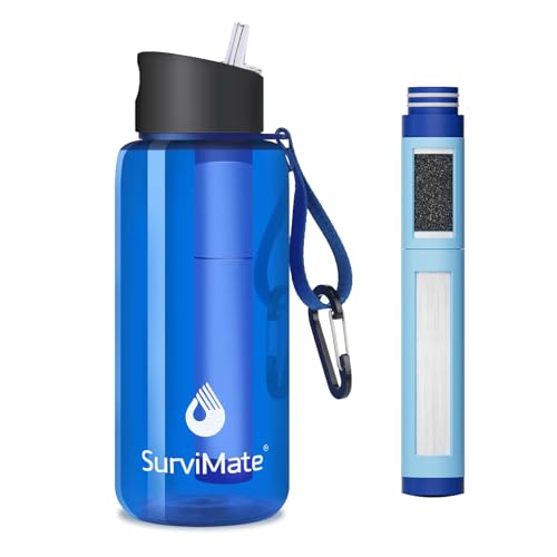 SurviMate 5-Stage 0.01μm Ultra-Filtration Filtered Water Bottle, BPA-Free Material, NSF/ANSI 42&372 Certified, Portable Water Filter Bottle for Survival, Camping, Hiking, and Emergency Use