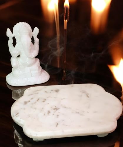 Image of White Marble Chowki for Pooja in Mandir Temple, Home Decor - God Idols Placing Chowki - 7x5 Inch (Scalloped)