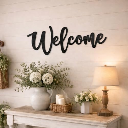 Jetec Wood Cutout Welcome Sign Welcome Wall Decor Word Wood Art Sign for Front Door Rustic Home Gallery Wall Decorations 15.7 x 6 Inches(Black)