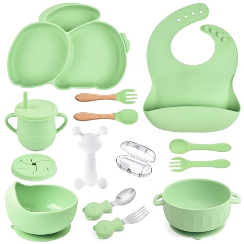 Image of mraisebossup Silicone Baby Feeding Set 15 Pcs，Baby Spoons Suction Bowl Divided Plate Bib Cup Finger Brush Training cups,Baby Led Weaning Supplies（green）