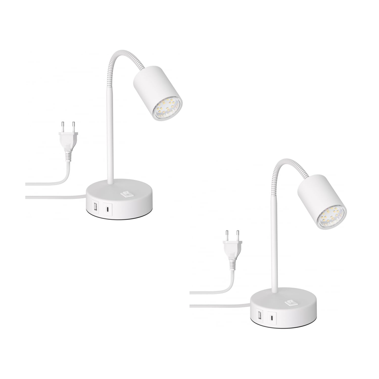 ledscom.de 2x Tischleuchte WAIKA, weiß, USB-A, USB-C, inkl. GU10 LED Lampe (warmweiß, 2,4W, 227lm)