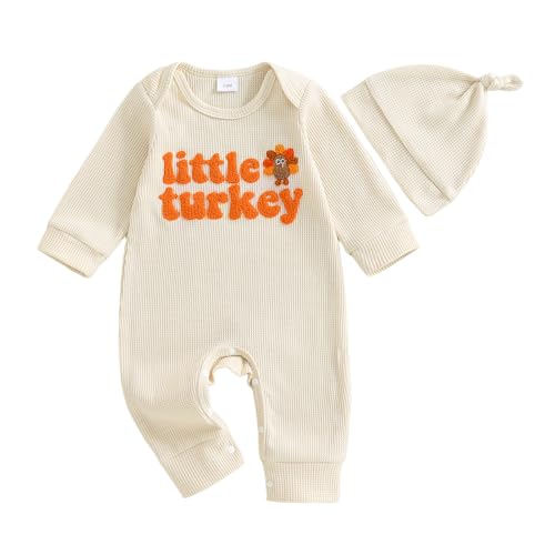 KtwHarnu Newborn Baby Boy Thanksgiving Outfit Little Turkey Embroidery Waffle Knit Romper Jumpsuit Hat Coming Home Outfit (Apricot Newborn)