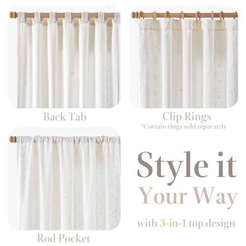 Image of jinchan White Floral Linen Curtains for Living Room 63 inch Back Tab 2 Panels