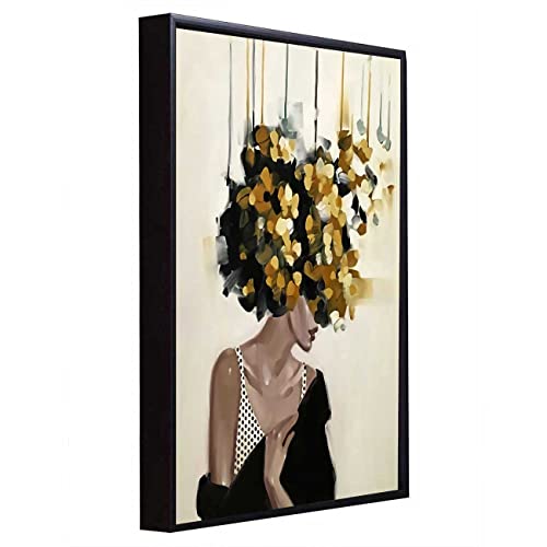 Image of PAINTINGMANTRA Mid Night Gold Girl With Flower Bouquet Black Framed Canvas Print for Wall, Home and Living Room Decoration (Size - 23 x 17 Inchs)