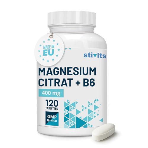 Magnesium Citrat 400 mg + Vitamin B6 Hochdosiert & Hoch bioverfügbar 120 Vegane Tabletten Für Muskeln Nerven Schlaf & Energie Ohne Zusätze Premium Qualität aus der EU