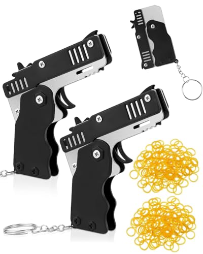 FDCGAS 2 pcs gummi Pistole,Mini-Gummibandpistole aus Metall,klappbar,6-Schuss mit Schlüsselanhänger und 120 Gummibändern, Metal Folding Schlüsselbund für Outdoor-Aktivitäten für Kinder